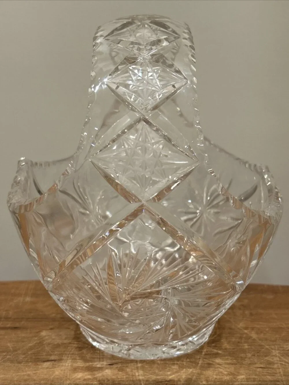 Vintage 1960s Czech? Basket Bowl Clear Cut Glass Lead Crystal Star Pattern